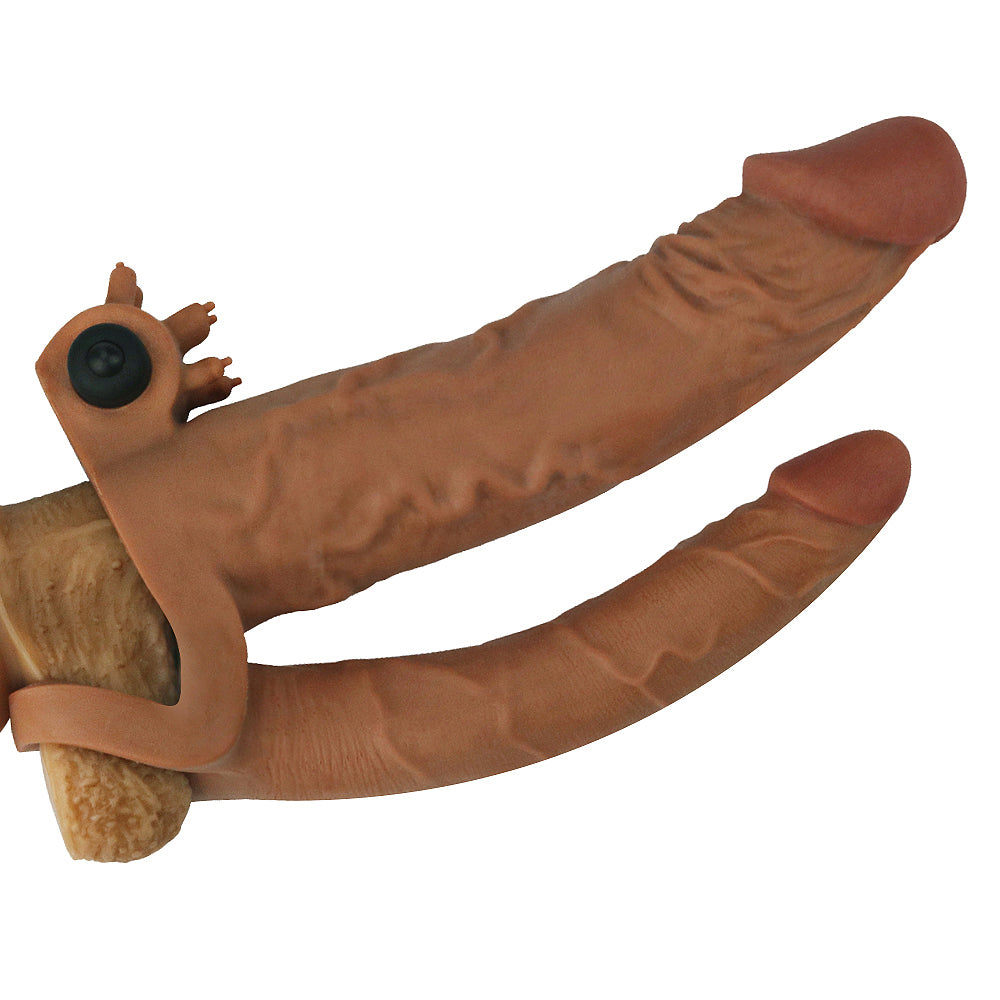 Lovetoy Add 2" Pleasure X Tender Vibrating Double Penis Sleeve Brown