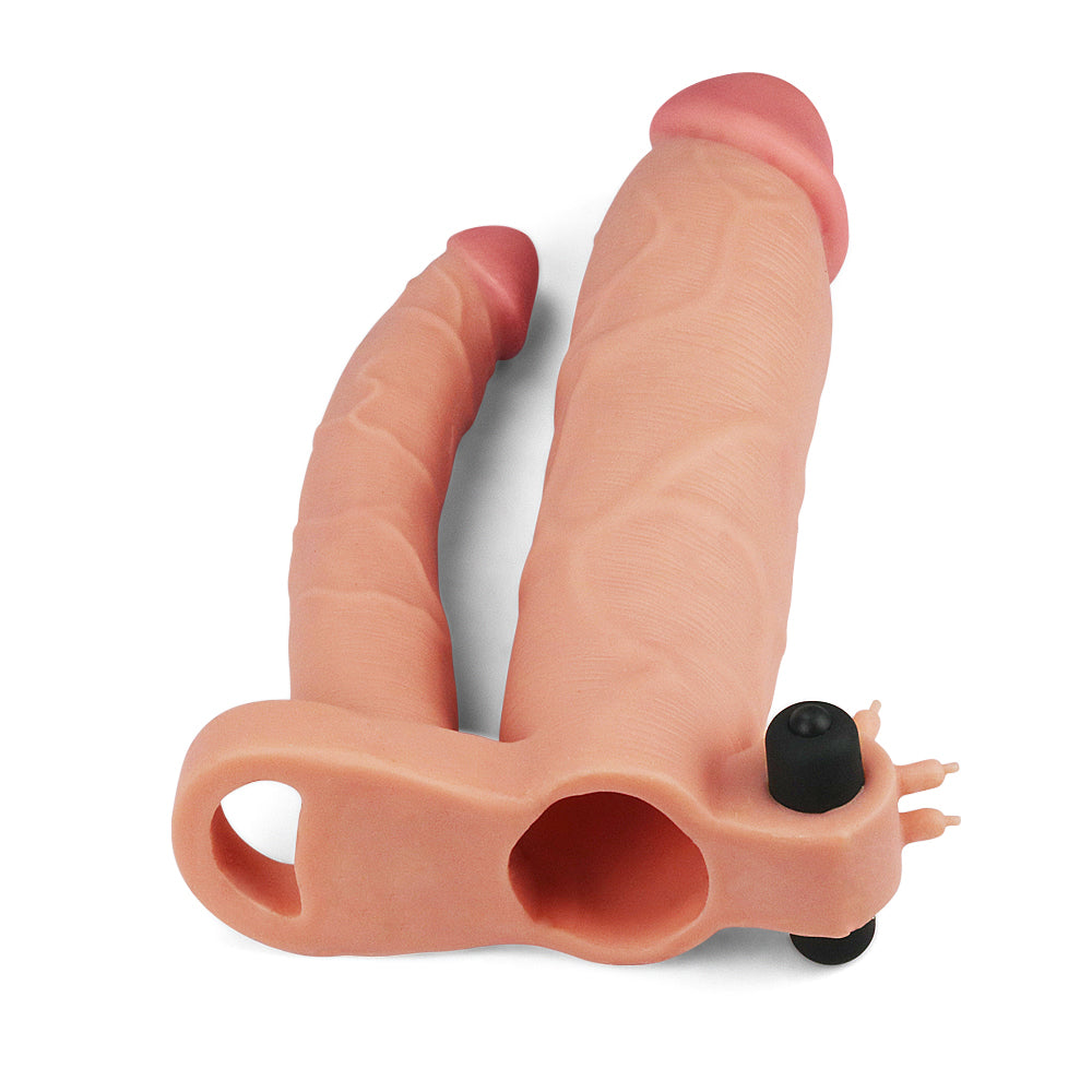 Lovetoy Add 3" Pleasure X Tender Vibrating Double Penis Sleeve Flesh