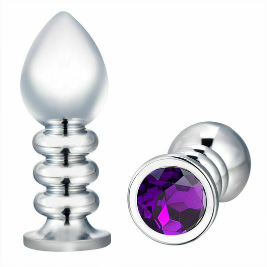 Metallic Ribbed Butt Plug with Diamond