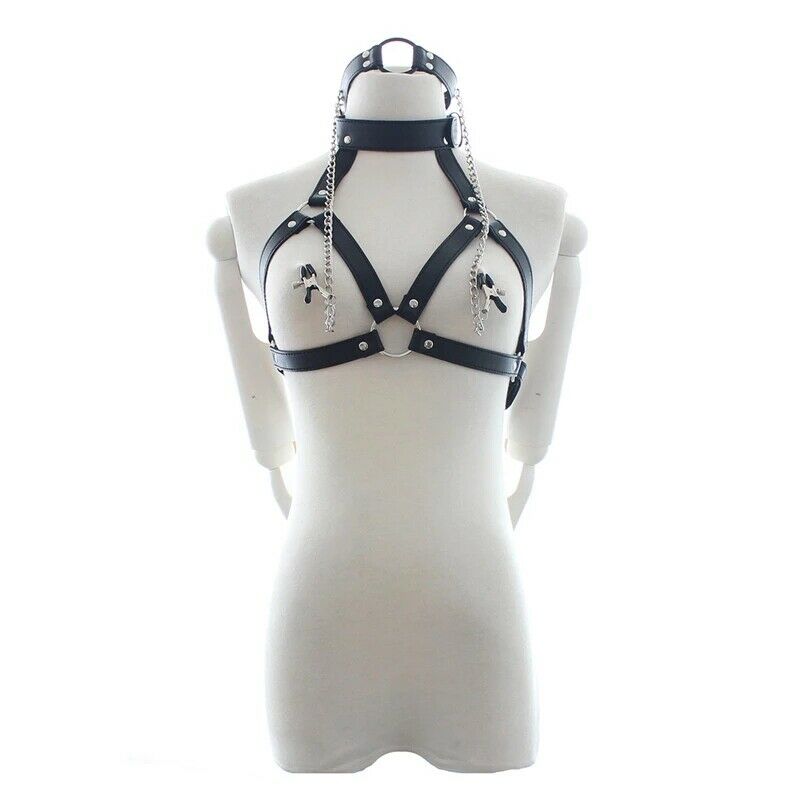 Faux Leather High Neck Cupless Bra & Mouth Gag with Nipple Clamps