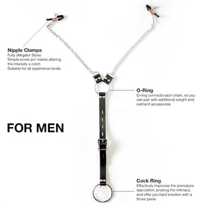 Adjustable Nipple Clamps and Cock Ring Chain Set