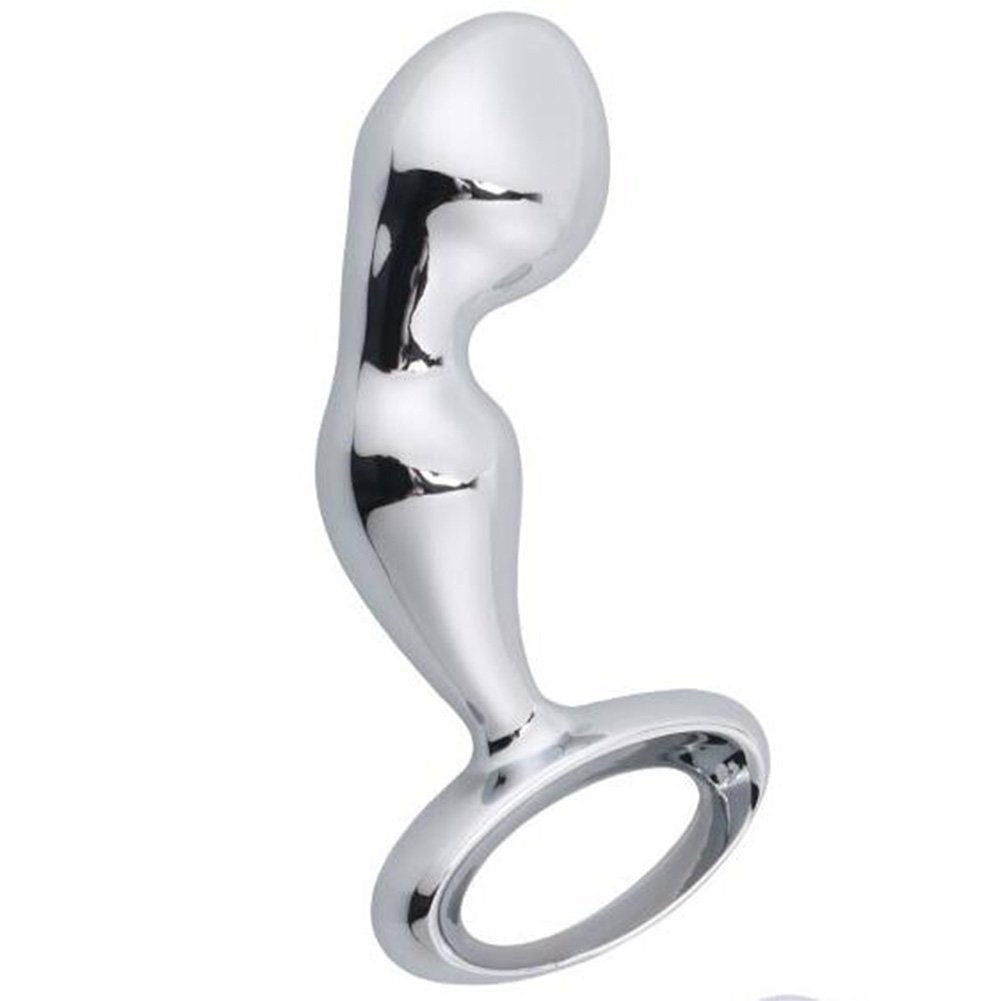 Metallic 2 Point Curved Butt Plug with Pull Ring & Diamond