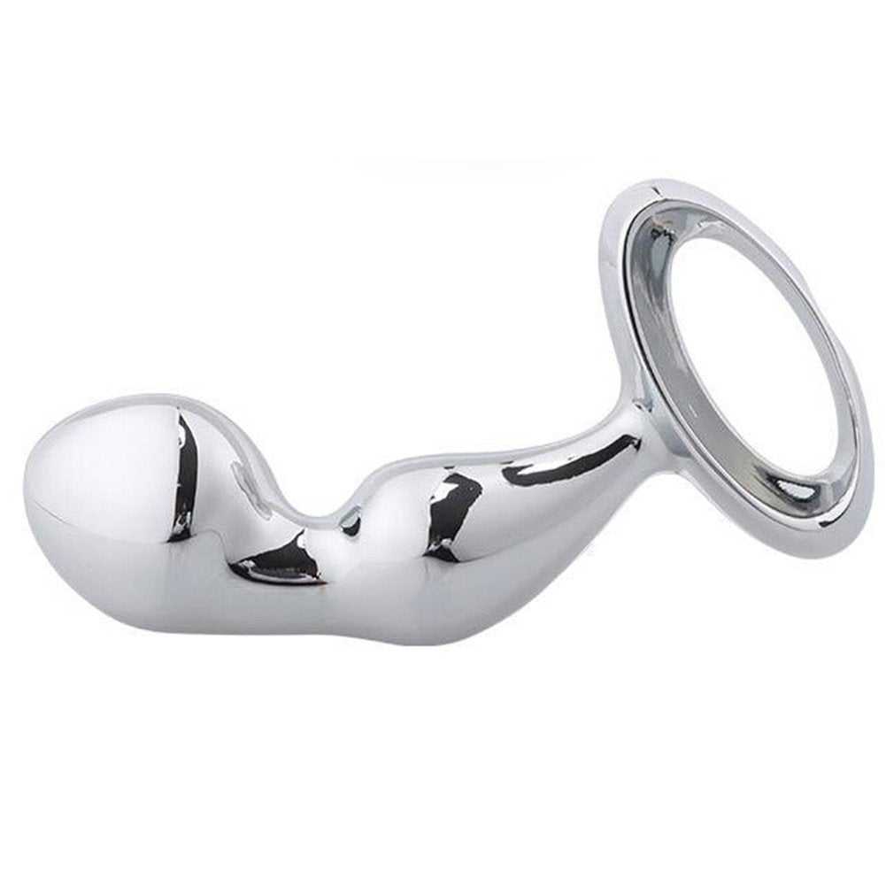 Metallic 2 Point Curved Butt Plug with Pull Ring & Diamond