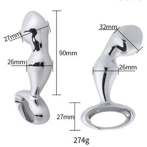 Metallic 2 Point Curved Butt Plug with Pull Ring & Diamond