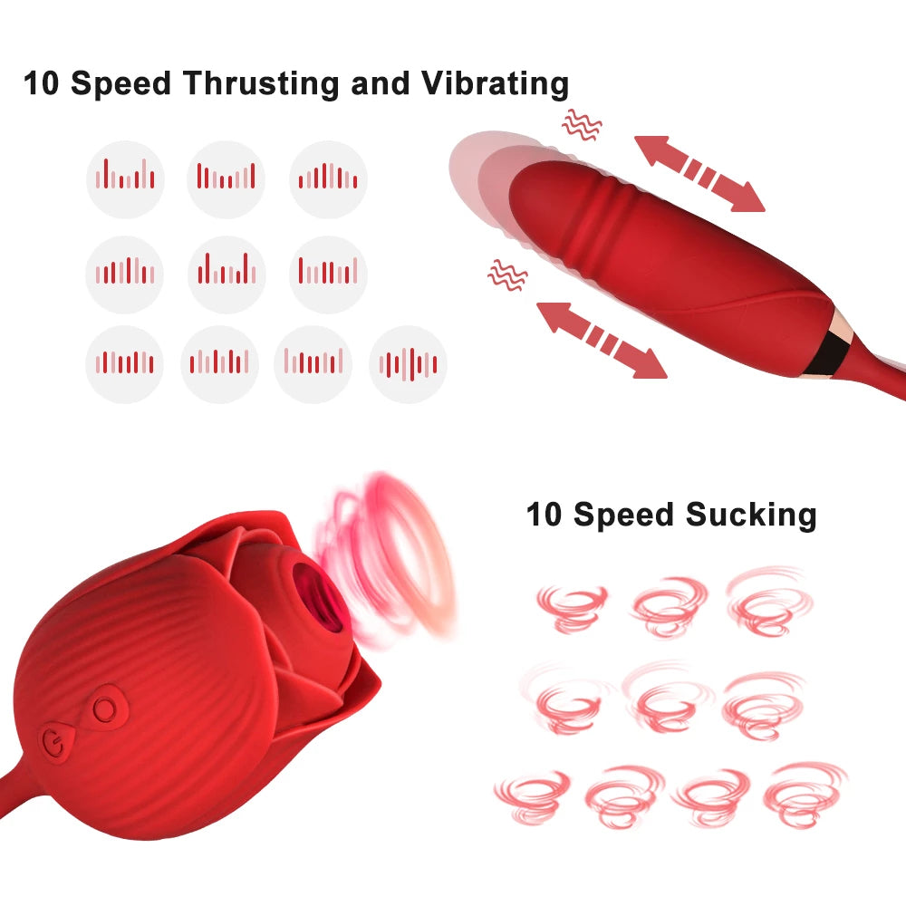 Rose Suction Vibrator & Thrusting Dildo, 10 Function