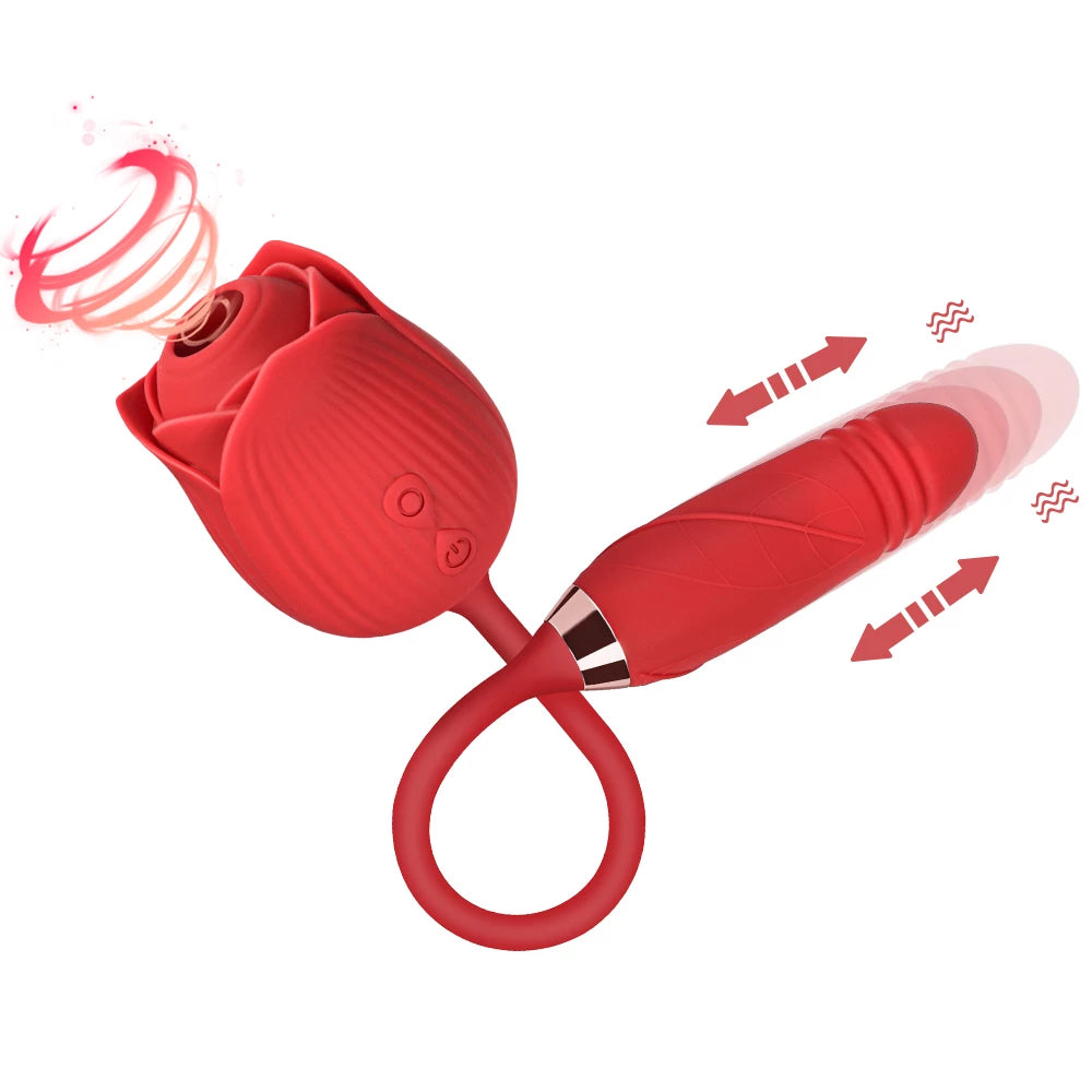 Rose Suction Vibrator & Thrusting Dildo, 10 Function