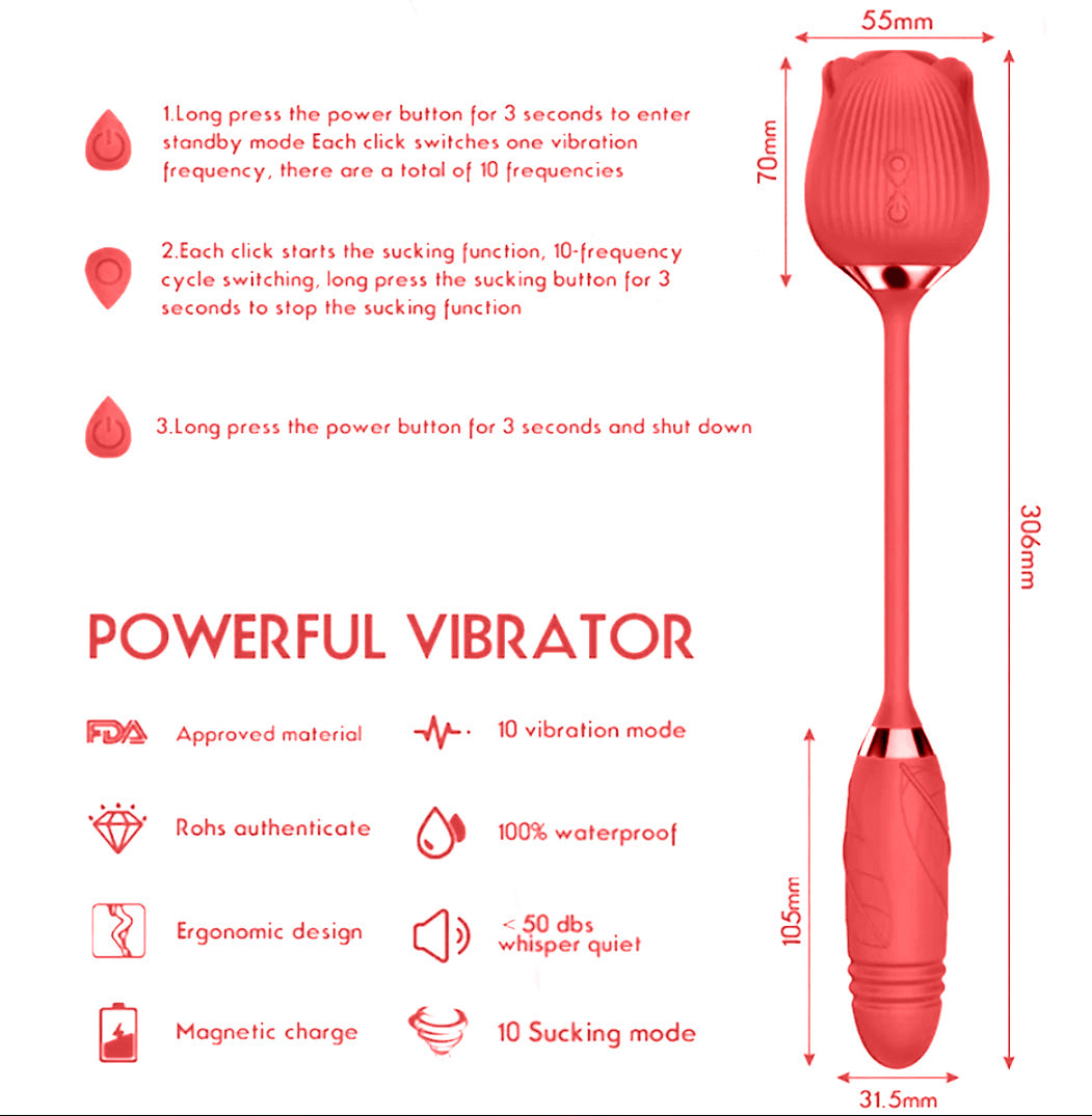 Rose Suction Vibrator & Thrusting Dildo, 10 Function