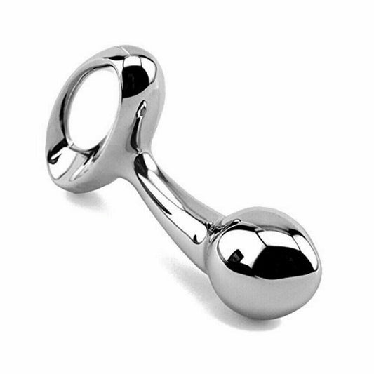 Metallic Curved Penis Butt Plug with Pull Ring & Diamond