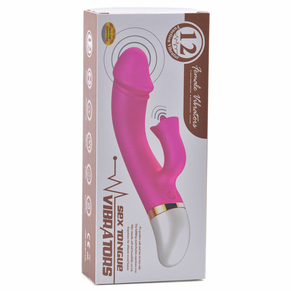 Silicone Rechargeable Curved Penis Vibrator with Flickering Tongue Clitoral Stimulator, 12 Function