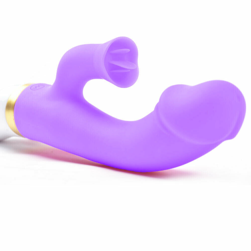 Silicone Rechargeable Curved Penis Vibrator with Flickering Tongue Clitoral Stimulator, 12 Function