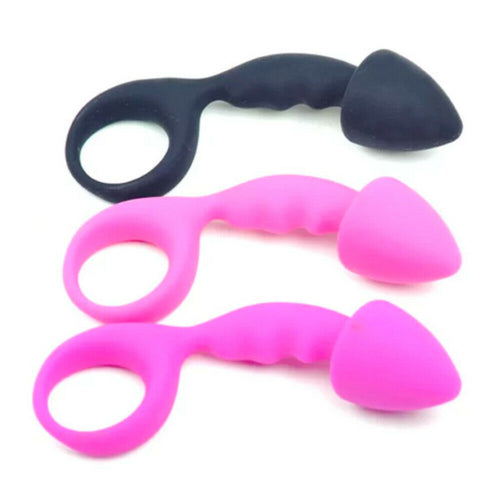 Silicone Curved Penis Butt Plug with Ring Pull