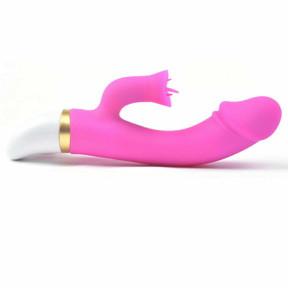 Silicone Rechargeable Curved Penis Vibrator with Flickering Tongue Clitoral Stimulator, 12 Function